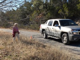 Jane Knaus guards the road